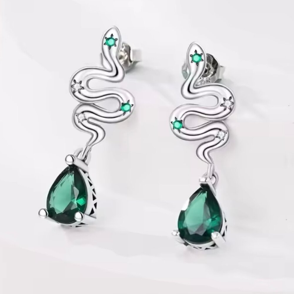 Sterling Silver Year of the Snake Drop Earrings w/Green Gemstone